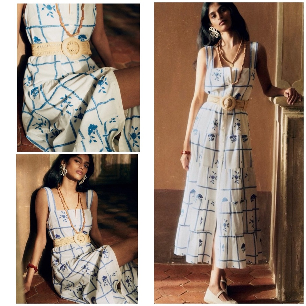 NWT Sezane Rama Blue Embroidered Floral Maxi Cotton Dress US 2